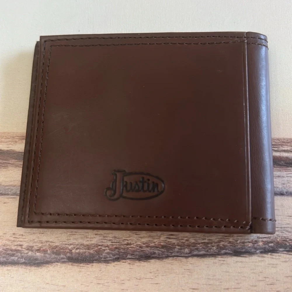 Justin Boots Genuine Leather Slim Bifold Brown Boot Stitch RFID Wallet